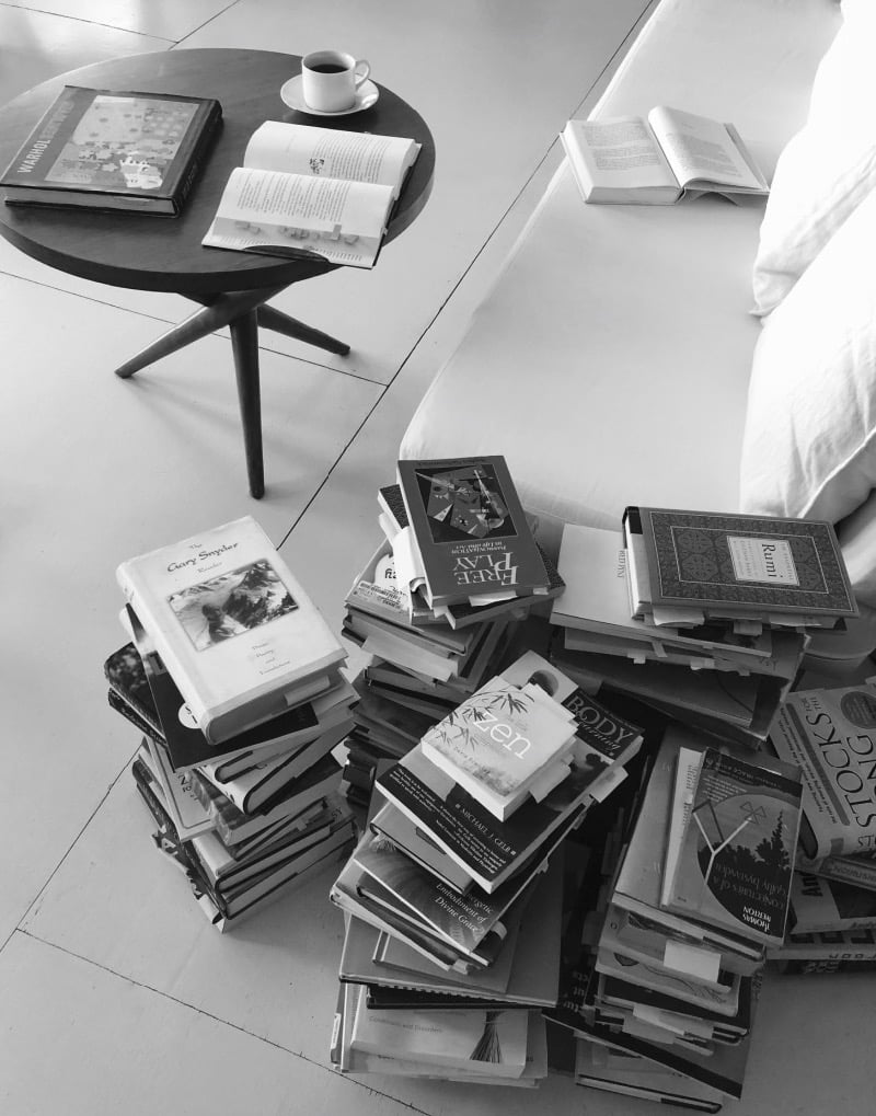 book stacks on floor